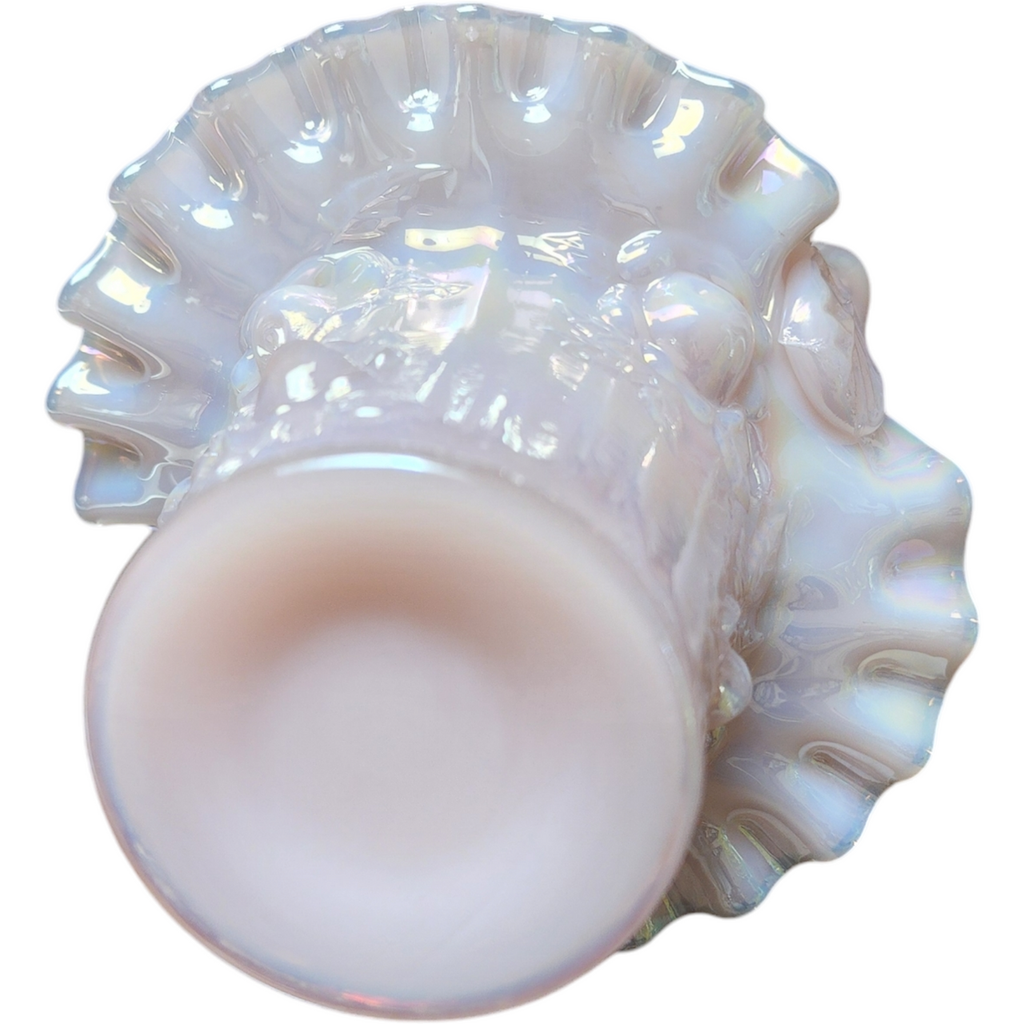 7" Fenton Art Glass Lily of the Valley Rose Magnolia Champagne Basket Opalescent Vase