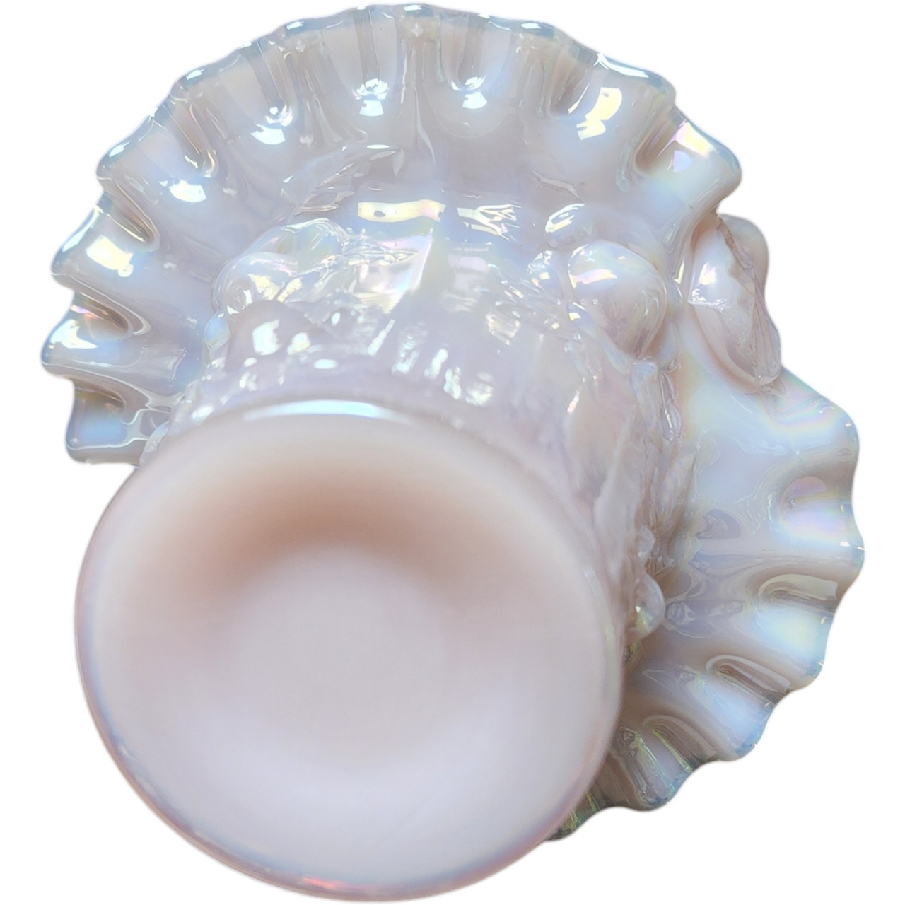 7" Fenton Art Glass Lily of the Valley Rose Magnolia Champagne Basket Opalescent Vase