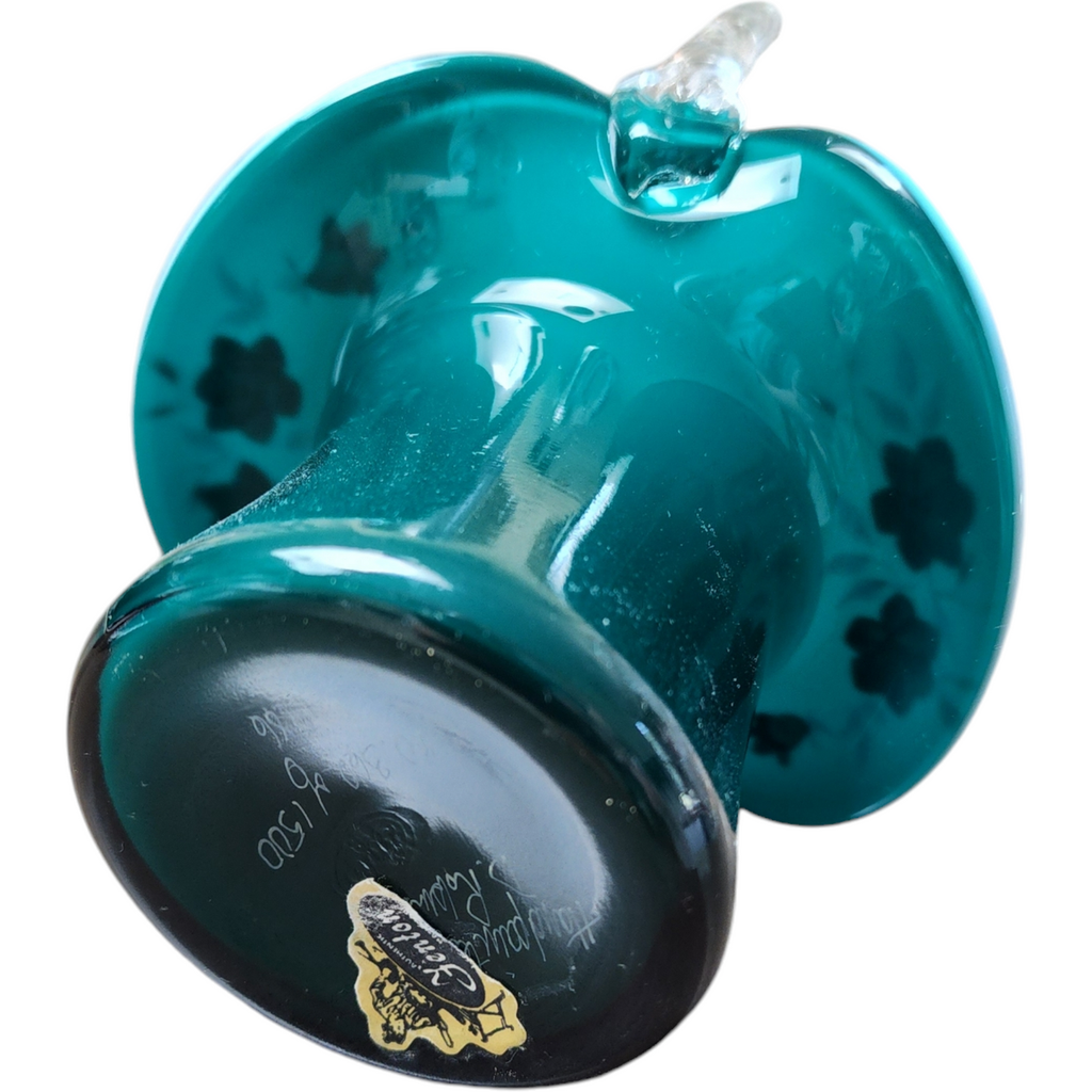 7" Fenton Art Glass Teal Overlay Hand Painted Hat Basket Vase