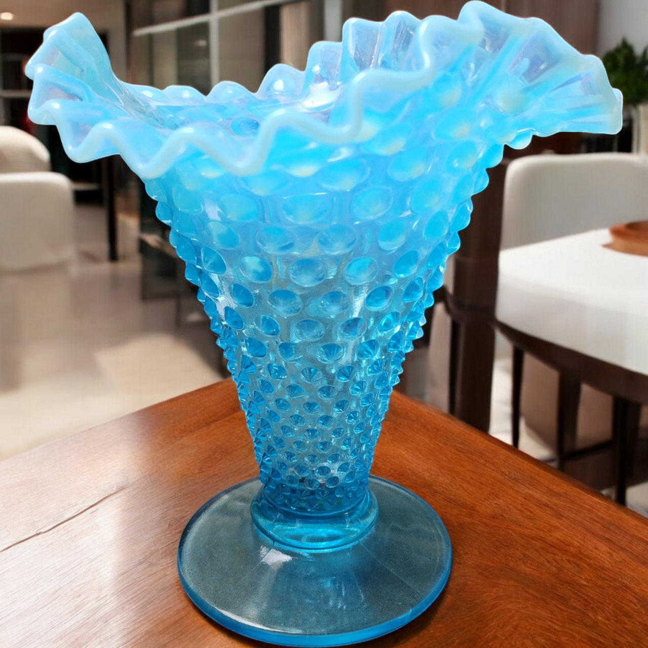 7" Fenton Hobnail Bluer Opalescent Double Crimped Edge Footed Fan Flared Vase