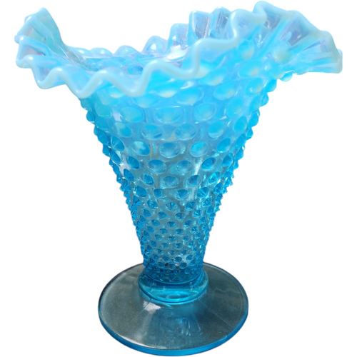 7" Fenton Hobnail Bluer Opalescent Double Crimped Edge Footed Fan Flared Vase