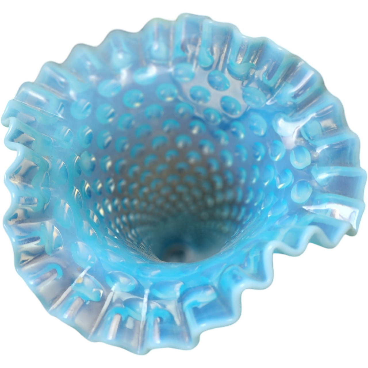7" Fenton Hobnail Bluer Opalescent Double Crimped Edge Footed Fan Flared Vase