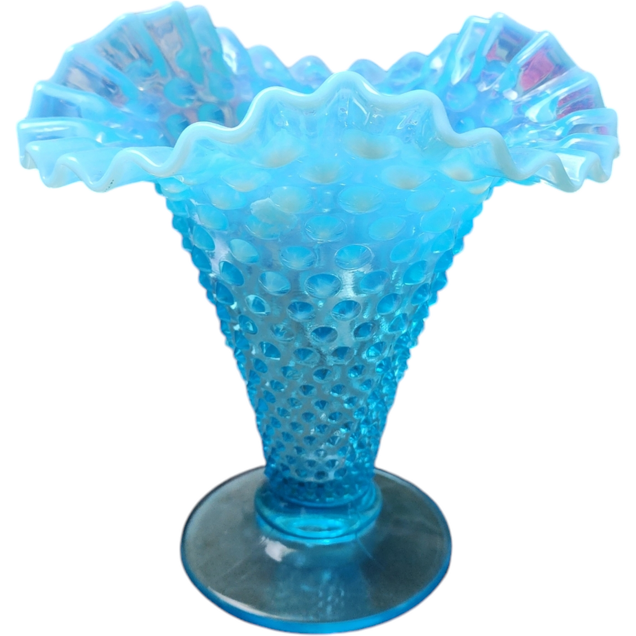 7" Fenton Hobnail Bluer Opalescent Double Crimped Edge Footed Fan Flared Vase