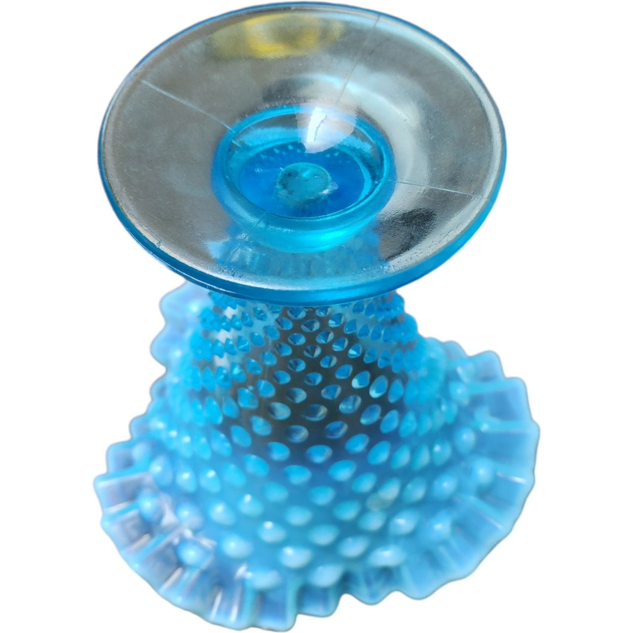 7" Fenton Hobnail Bluer Opalescent Double Crimped Edge Footed Fan Flared Vase
