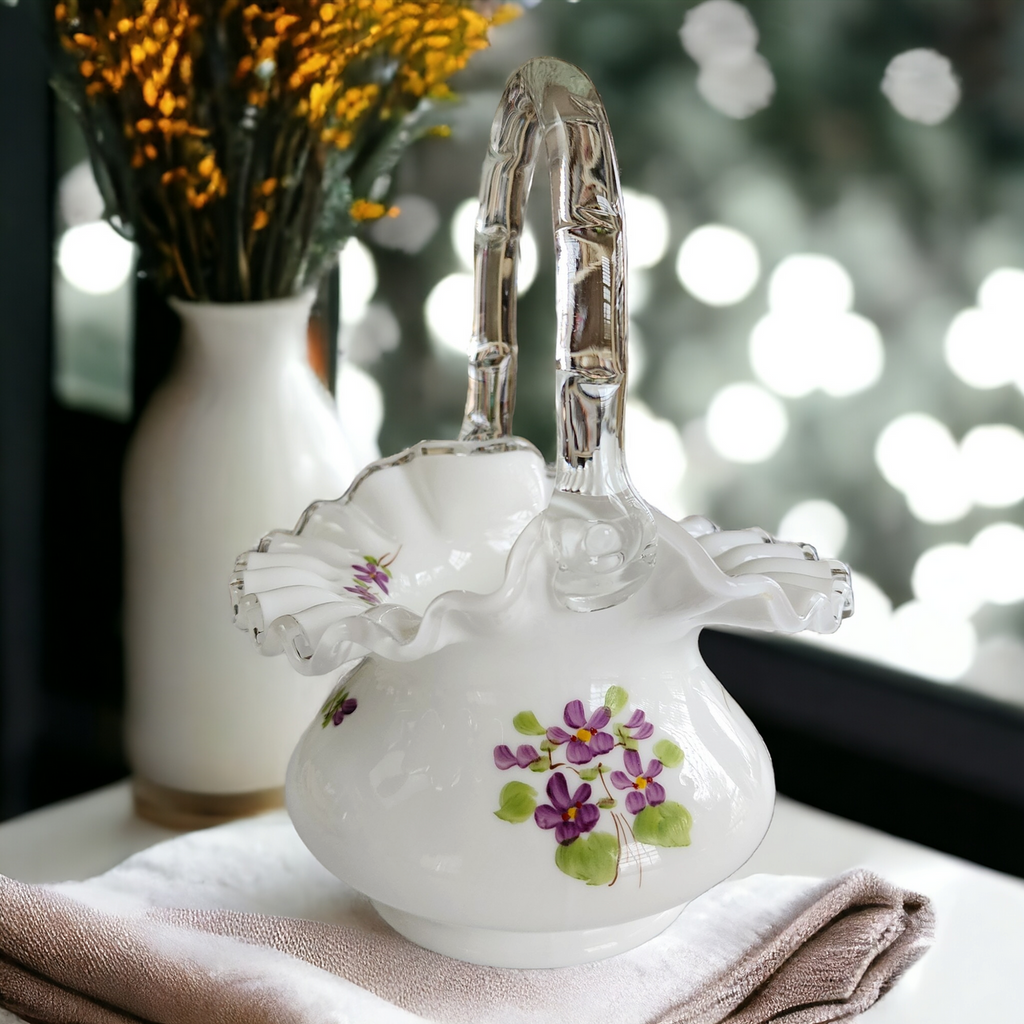 7" Fenton Violets In The Snow Milk Glass Basket
