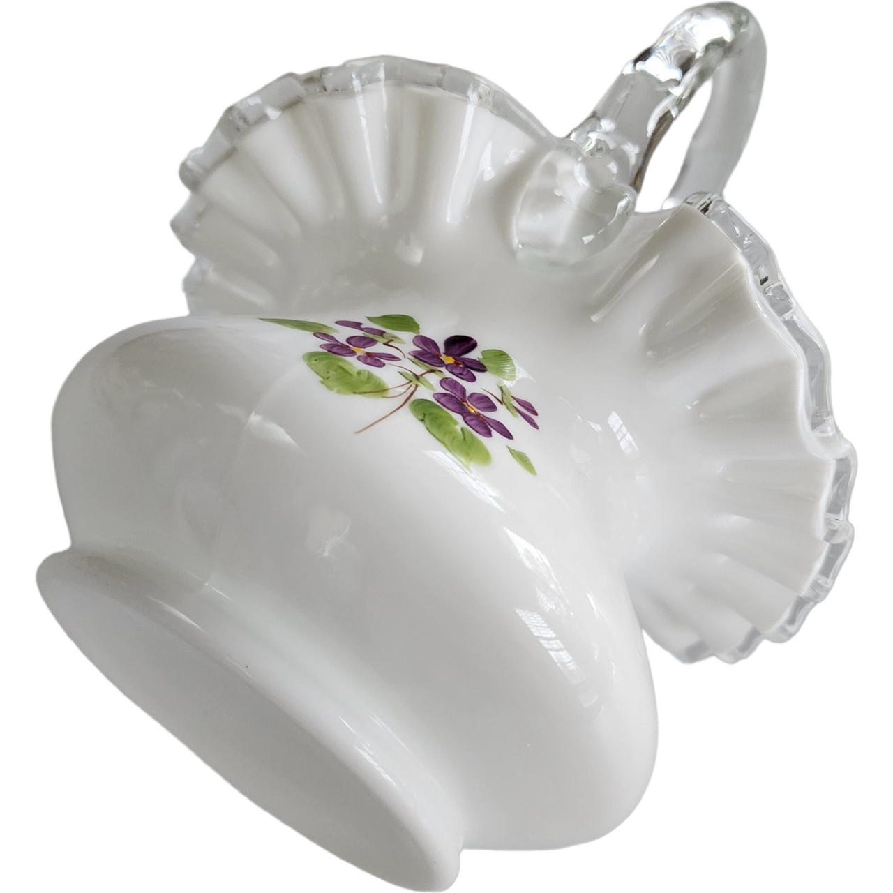 7" Fenton Violets In The Snow Milk Glass Basket