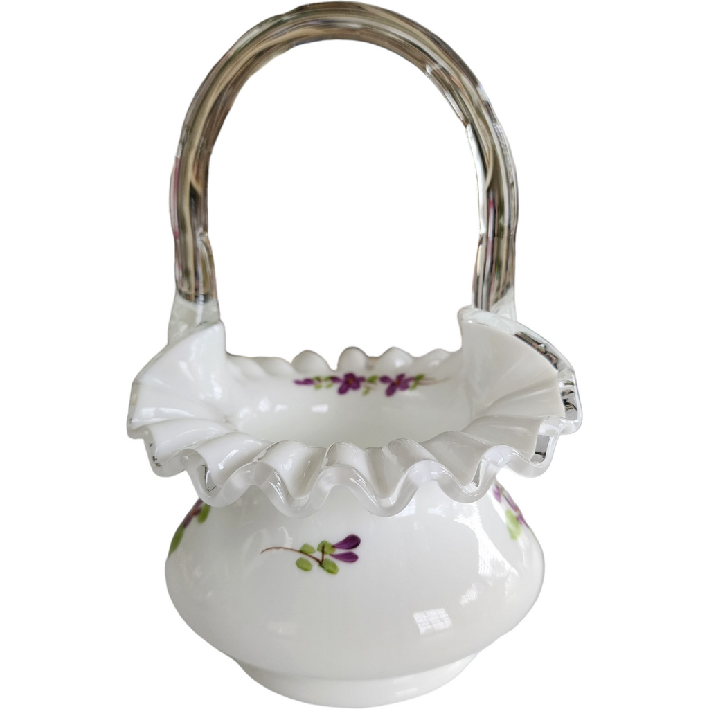 7" Fenton Violets In The Snow Milk Glass Basket