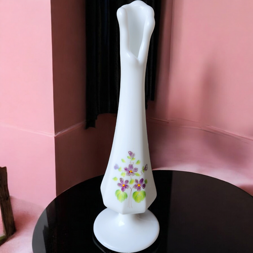 7" Fenton Violets In The Snow Milkglass Purple Violets Green Leaves Bud Vase