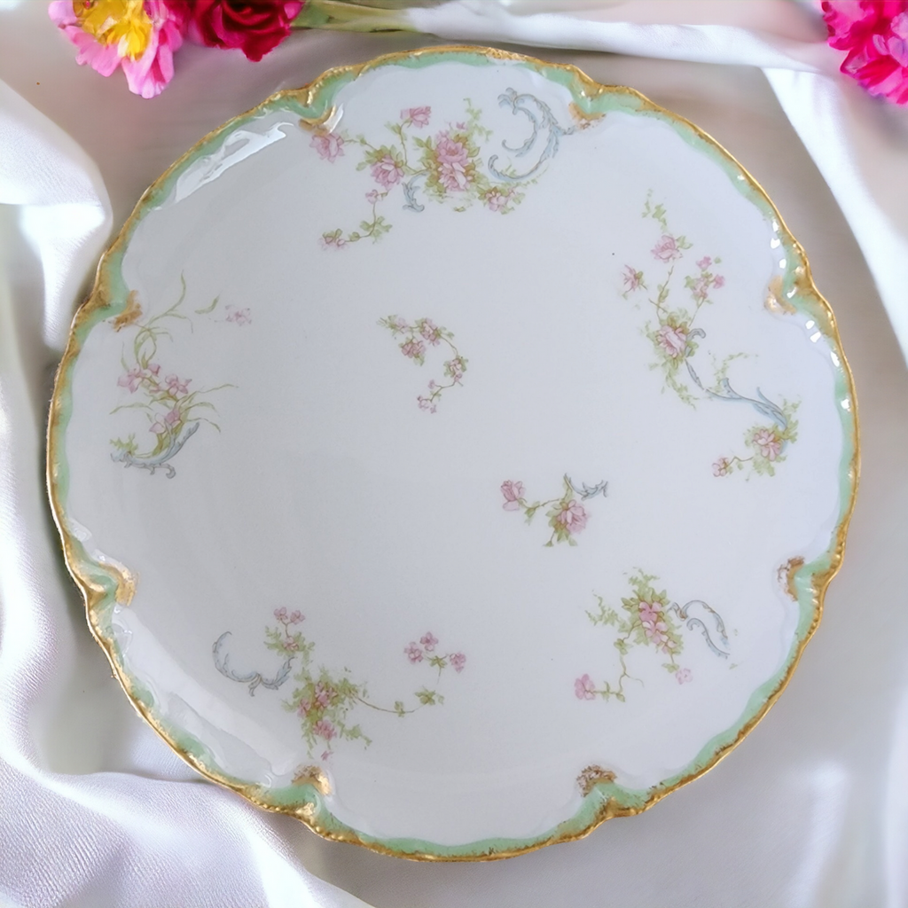 7" Haviland Limoges Schleiger Green Band, Pink Roses Salad Plate