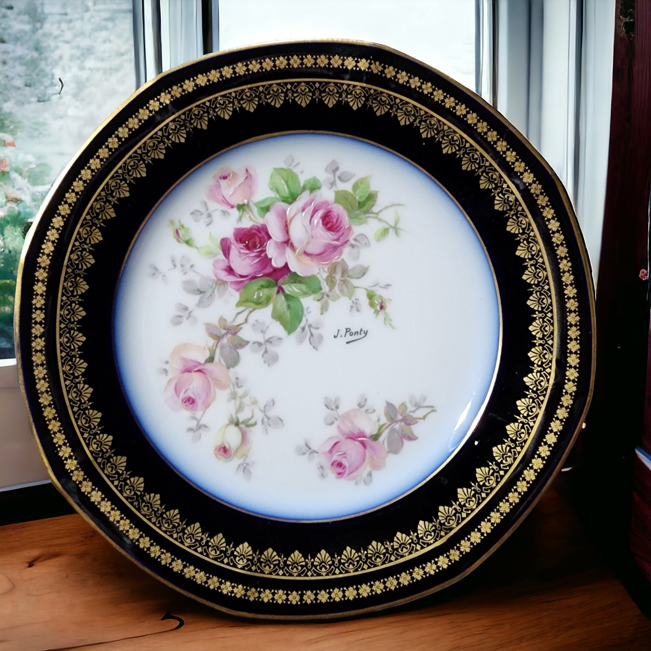 7" Limoges Hand-Painted Cobalt Green and Pink Floral Gold Plate France