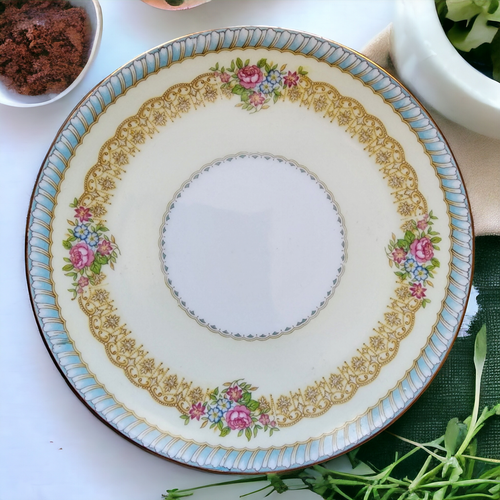 7" Noritake Juno Blue & Tan Band Flowers Tan Scrolls Salad Plate Japan