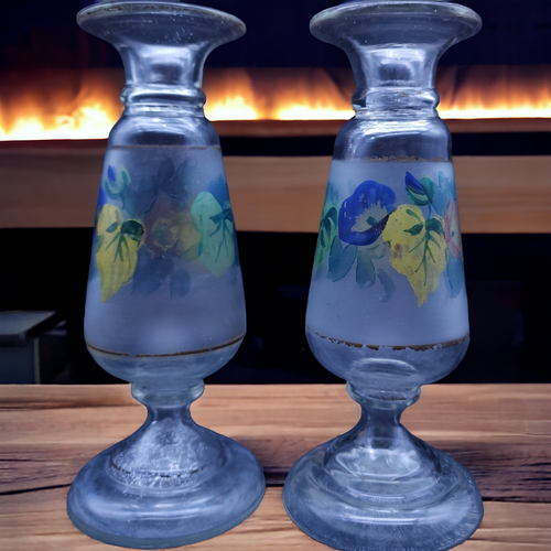 7" Pair Victorian Pontil Mark Bristol Hand Painted Botanical Motifs Vase