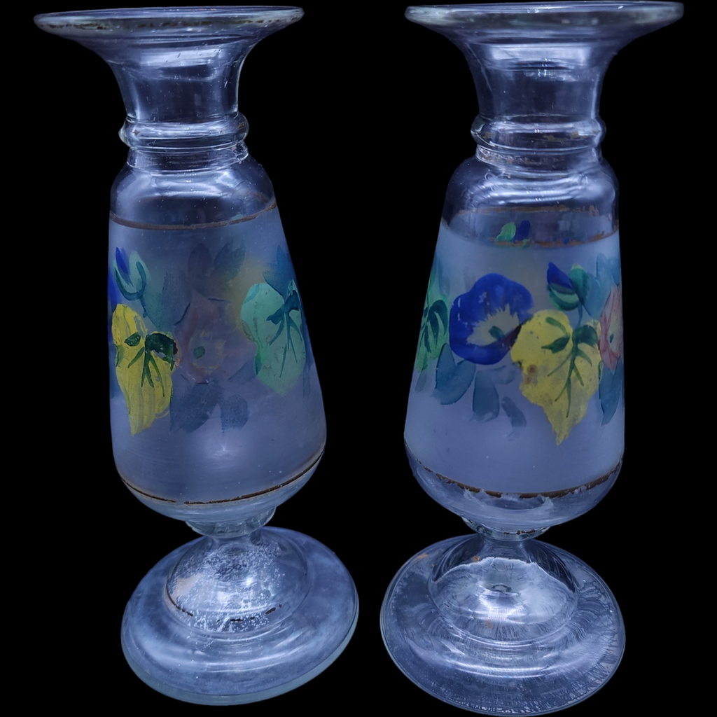 7" Pair Victorian Pontil Mark Bristol Hand Painted Botanical Motifs Vase