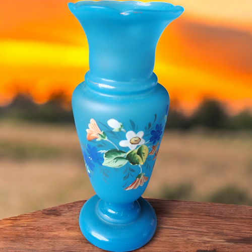 7" Victorian Pontil Mark Bristol Hand Painted Botanical Motifs Vase
