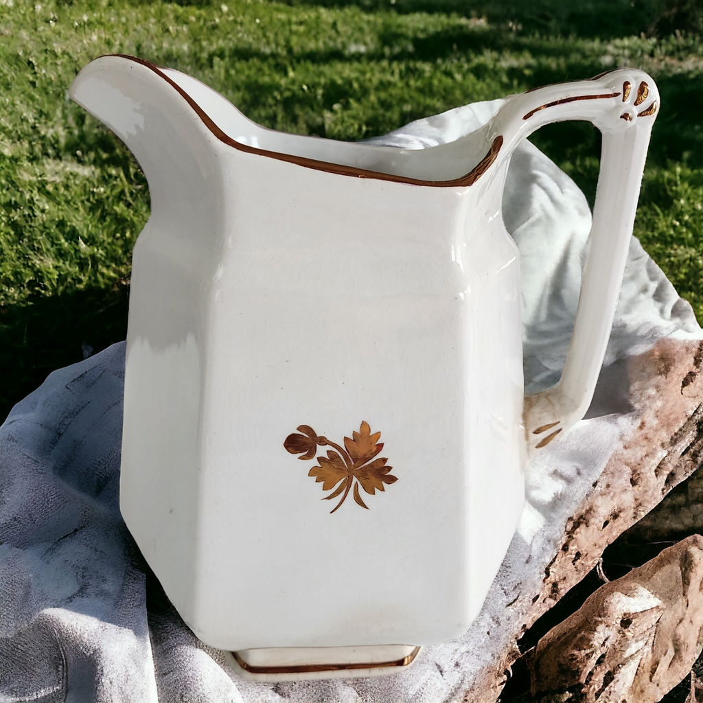 8" Anthony Shaw Tea Leaf Copper Band White Ironstone Pitcher Jug