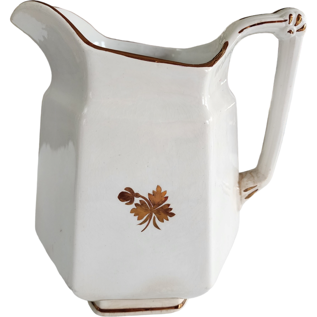 8" Anthony Shaw Tea Leaf Copper Band White Ironstone Pitcher Jug