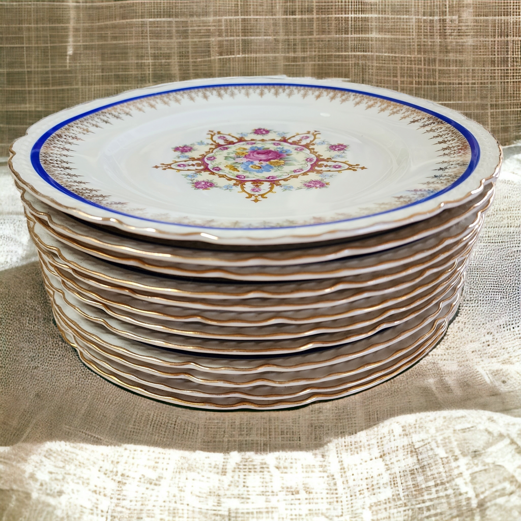 8" Embassy Vitrified China American Floral Center Cobalt Blue Band Gold Filigree Bread & Butter Plate