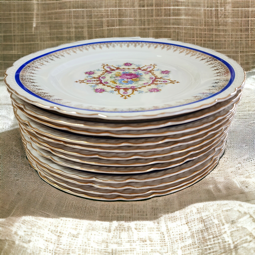 8" Embassy Vitrified China American Floral Center Cobalt Blue Band Gold Filigree Bread & Butter Plate