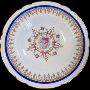 8" Embassy Vitrified China American Floral Center Cobalt Blue Band Gold Filigree Rim Soup Bowl