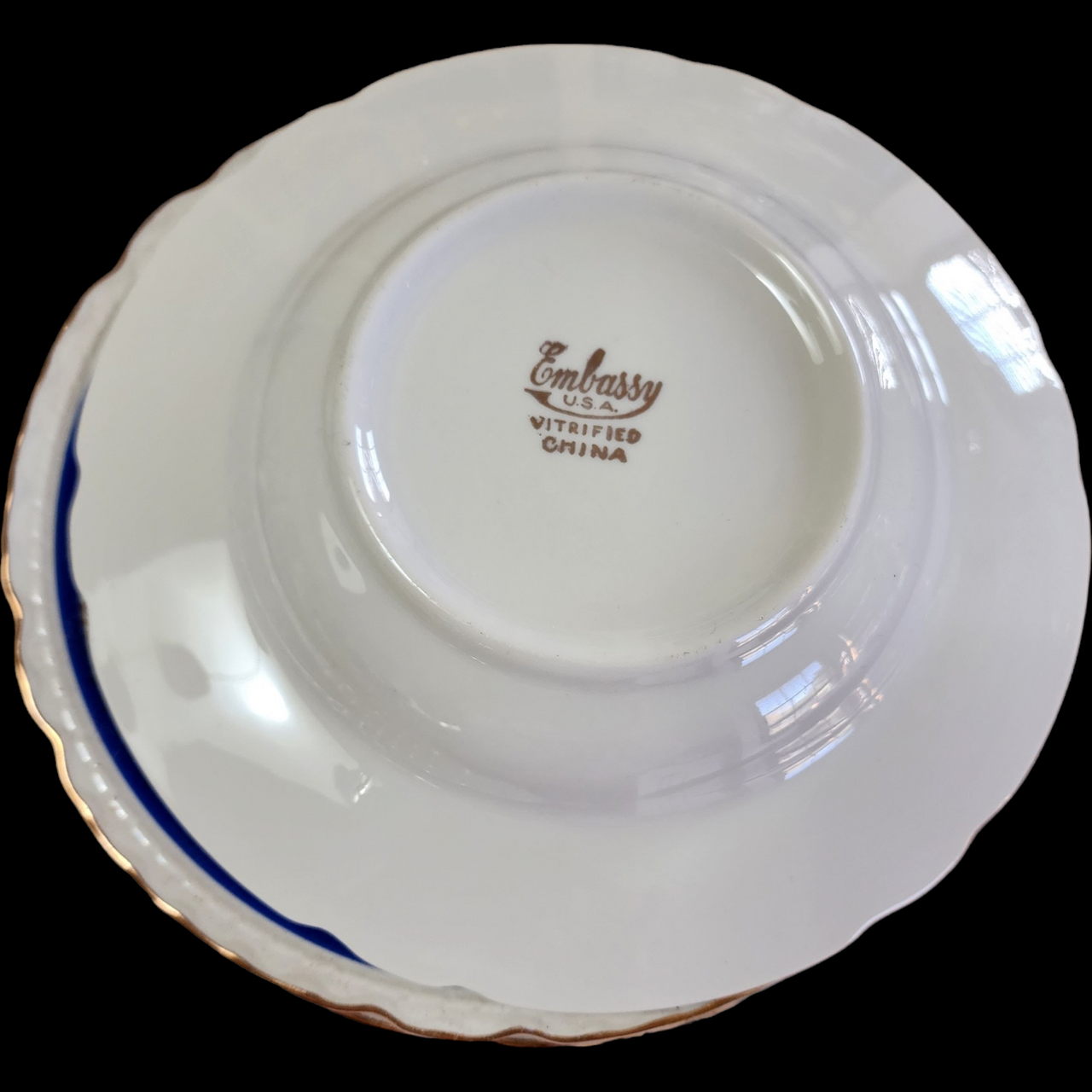 8" Embassy Vitrified China American Floral Center Cobalt Blue Band Gold Filigree Rim Soup Bowl