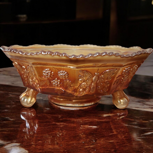 8" Fenton Art Glass Butterfly and Berry Golden Marigold Carnival 3-Toed Footed Bowl