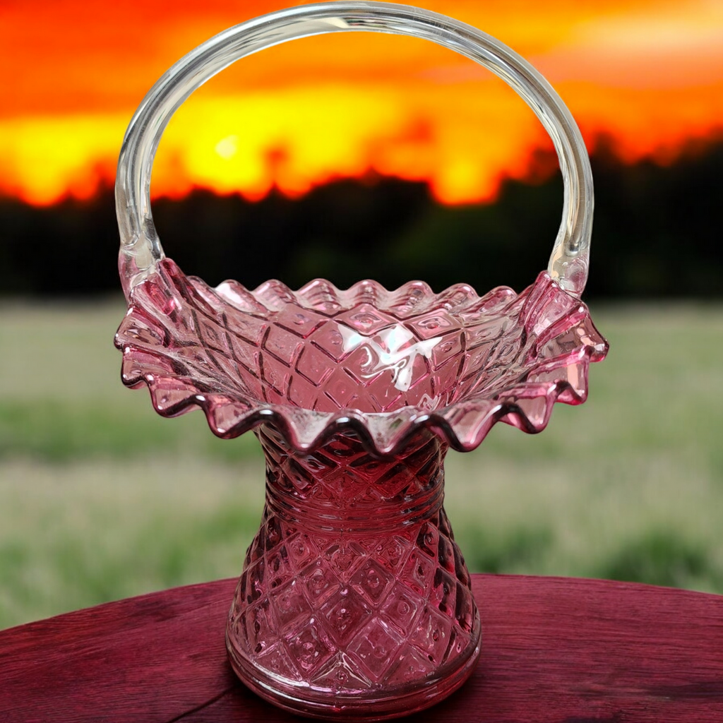 8" Fenton Art Glass Diamond Lace Cranberry Basket