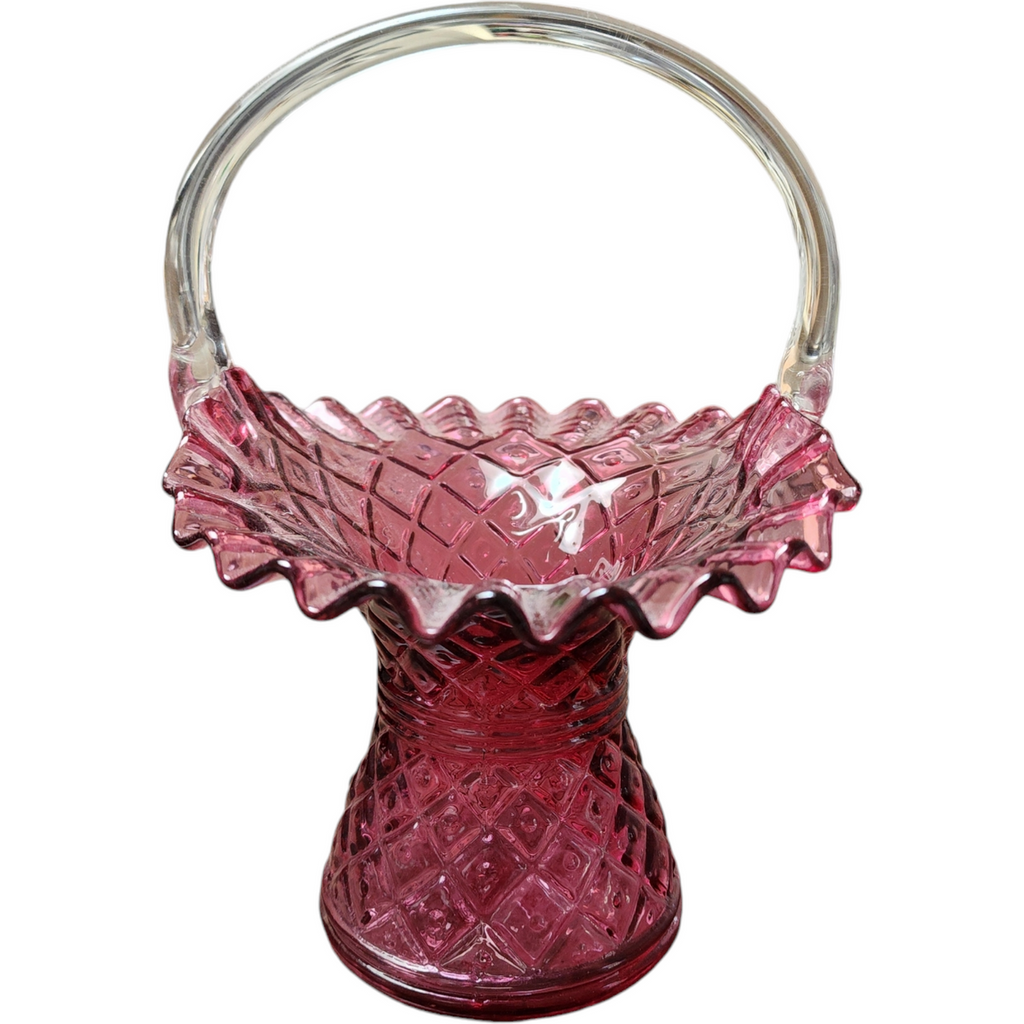 8" Fenton Art Glass Diamond Lace Cranberry Basket