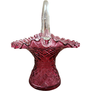 8" Fenton Art Glass Diamond Lace Cranberry Basket