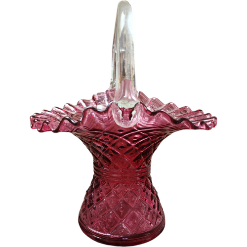 8" Fenton Art Glass Diamond Lace Cranberry Basket