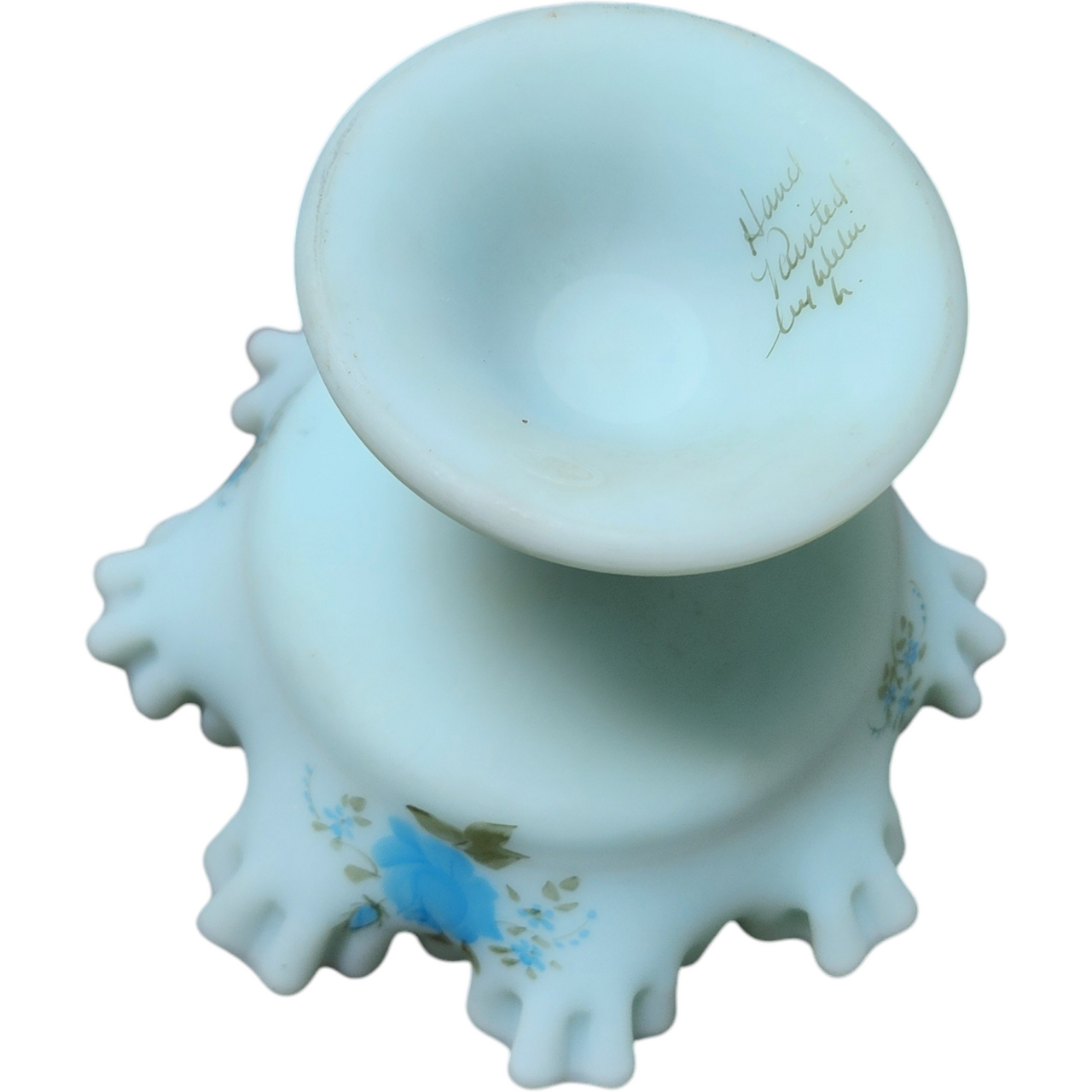 8" Fenton Blue Roses on Blue Satin Milkglass Round Compote