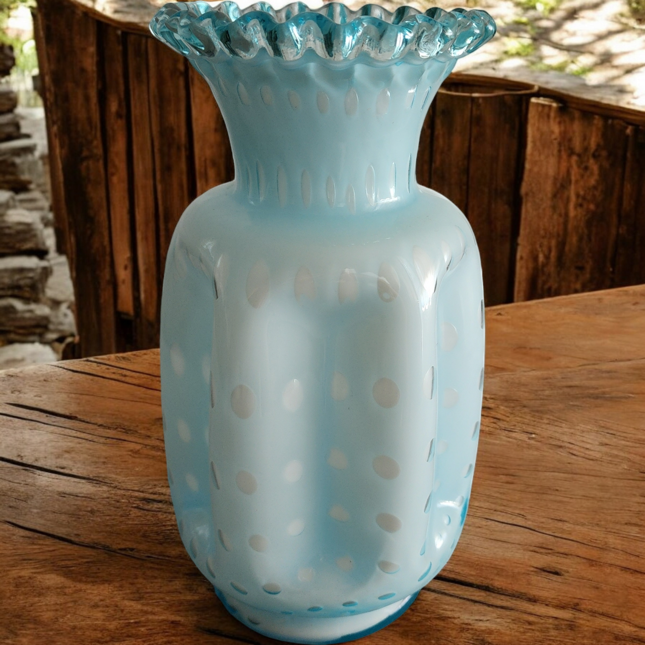 8" Fenton Bubble Optic Blue Powder Flower Vase