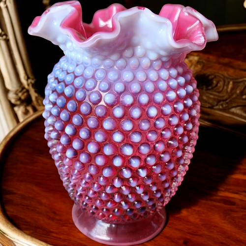 8" Fenton Hobnail Cranberry Opalescent Double Crimped Vase
