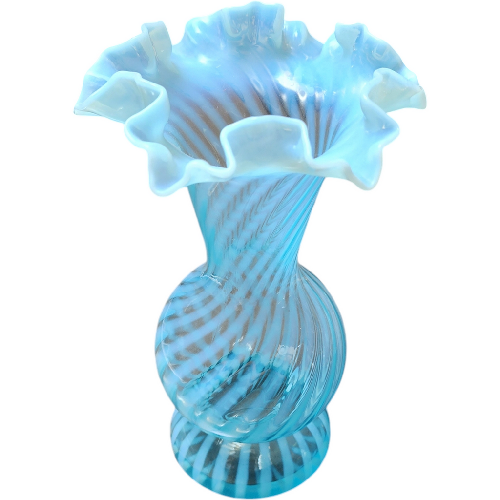 8" Fenton Spiral Optic Blue Opalescent Crimped Flower Vase