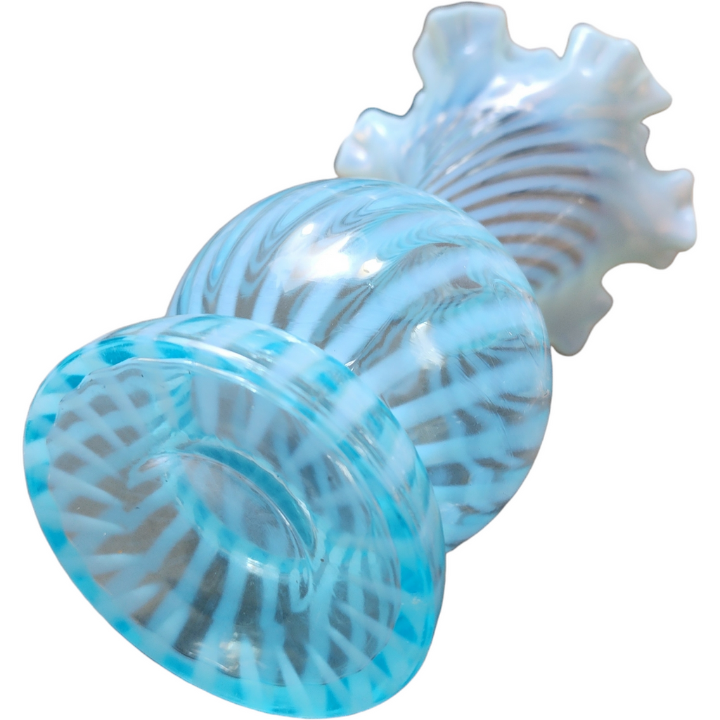 8" Fenton Spiral Optic Blue Opalescent Crimped Flower Vase