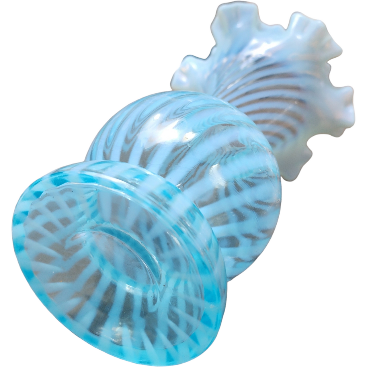 8" Fenton Spiral Optic Blue Opalescent Crimped Flower Vase