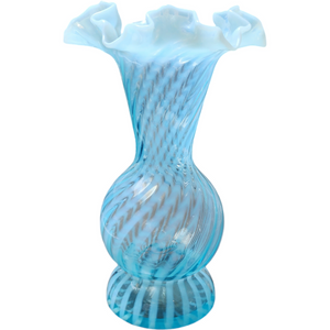 8" Fenton Spiral Optic Blue Opalescent Crimped Flower Vase