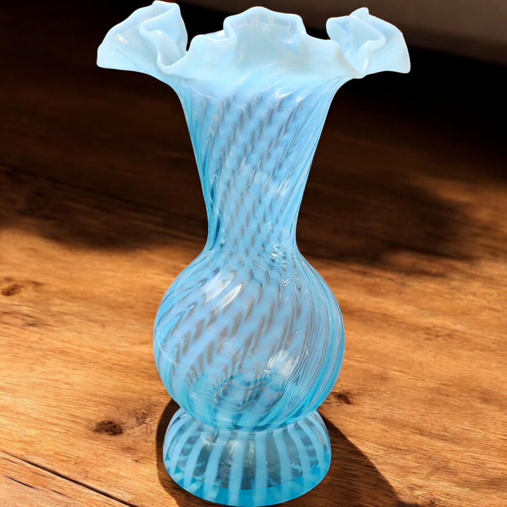 8" Fenton Spiral Optic Blue Opalescent Crimped Flower Vase