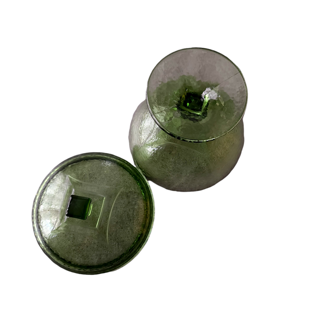 8" HAZEL-ATLAS Pebbletone Green Pressed Glass Pedestal Candy Dish & Lid