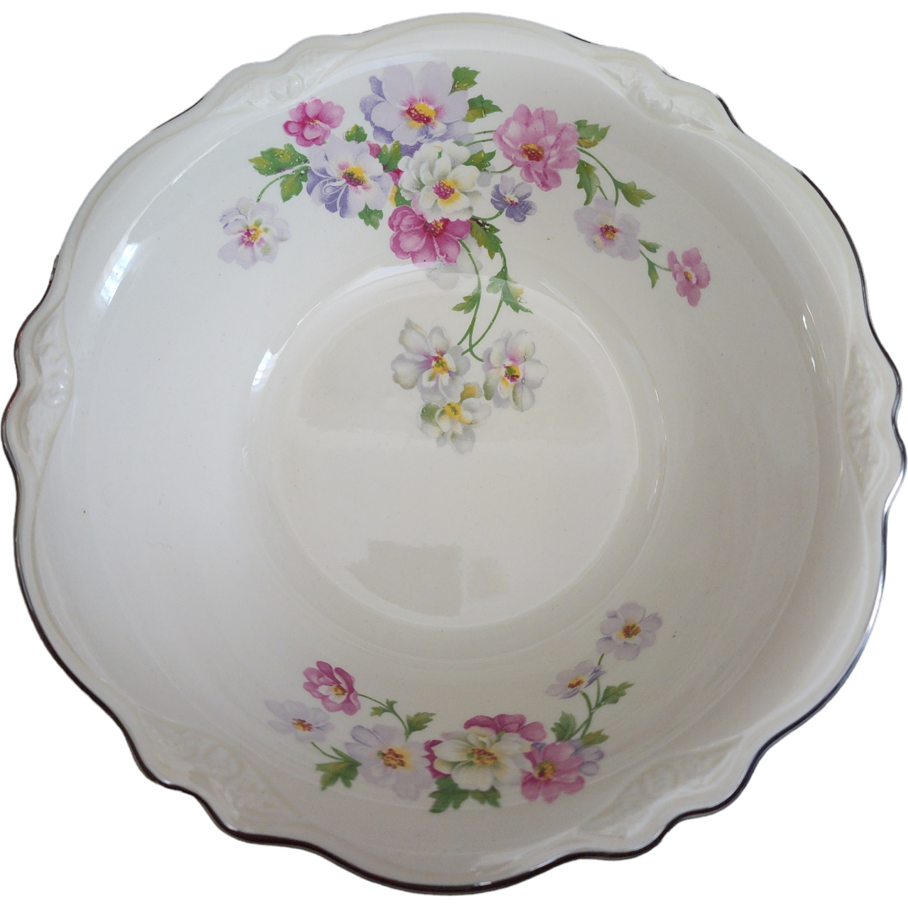 8" Homer Laughlin Fluffy Virginia  Rose Pink & White Flowers Round Vegetable Bowl