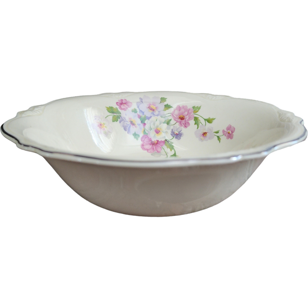 8" Homer Laughlin Fluffy Virginia  Rose Pink & White Flowers Round Vegetable Bowl