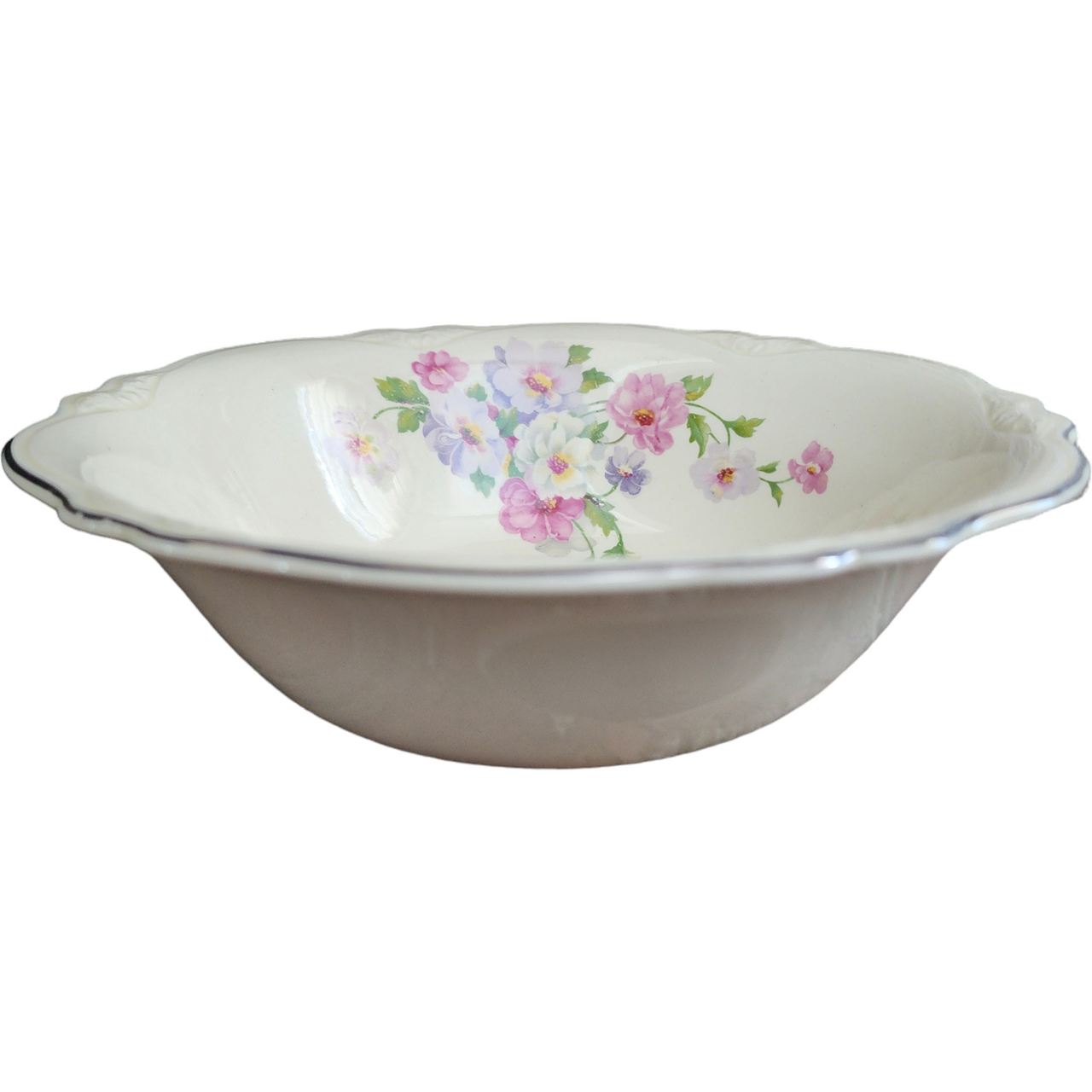 8" Homer Laughlin Fluffy Virginia  Rose Pink & White Flowers Round Vegetable Bowl