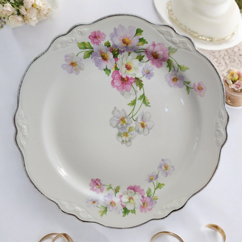 8" Homer Laughlin Fluffy Virginia Rose Platinum Trim Pink & White Flowers Salad Plate