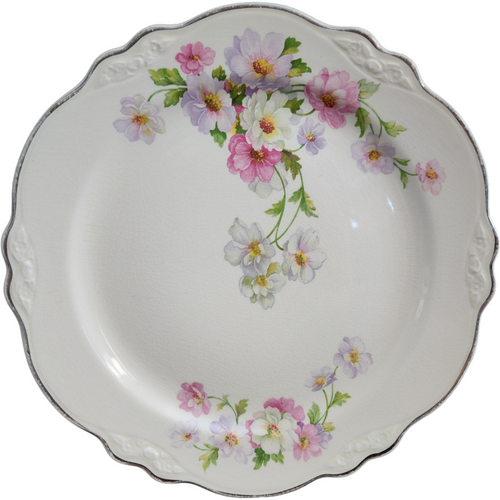 8" Homer Laughlin Fluffy Virginia Rose Platinum Trim Pink & White Flowers Salad Plate