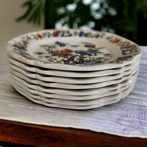 8" Mottahedeh Rouen Floral Insect Scalloped No Trim Dessert Pie Plate Set os 8