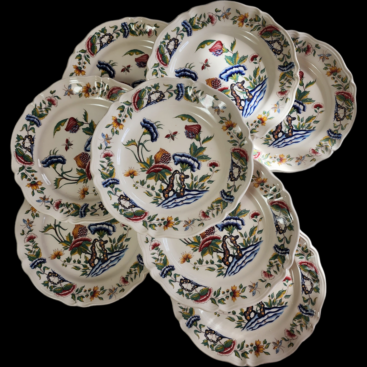 8" Mottahedeh Rouen Floral Insect Scalloped No Trim Dessert Pie Plate Set os 8