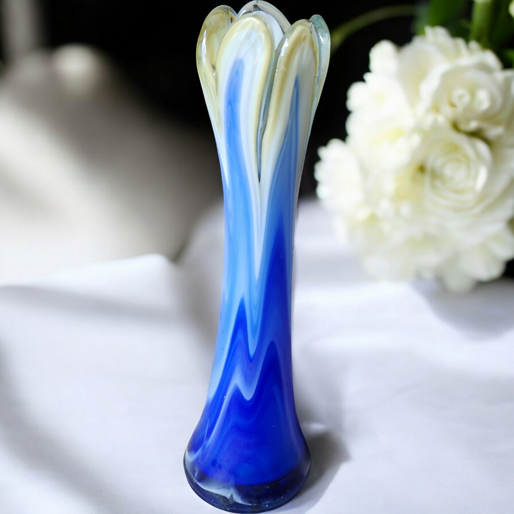 8" Murano Crystal Art Glass Blue Fade Stretched Hand Blown Bud Vase