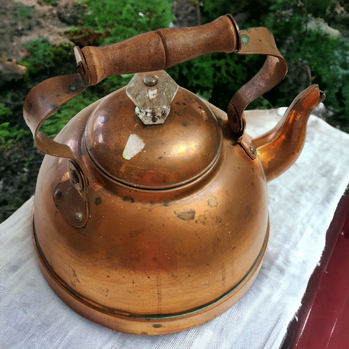 8" Tagus Copper Brass Tea Pot Kettle Wood Handle Portugal