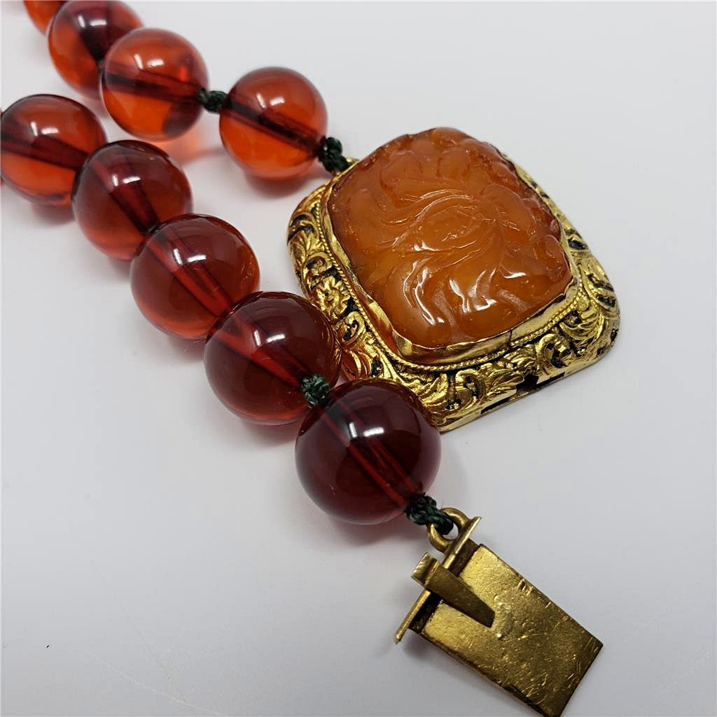 Vintage Art Deco Cherry Amber Colored Bakelite Choker Necklace with Carnelian Clasp