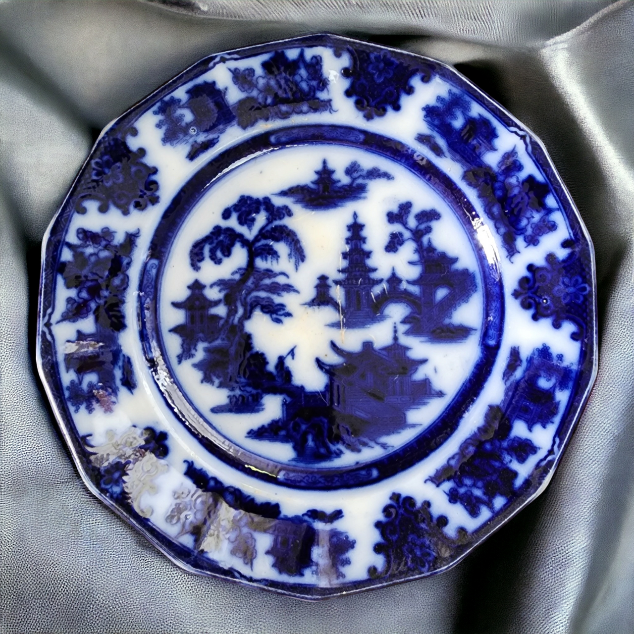 9" Adams China Tonquin Flow Blue Flowers Oriental No Trim Dinner Plate