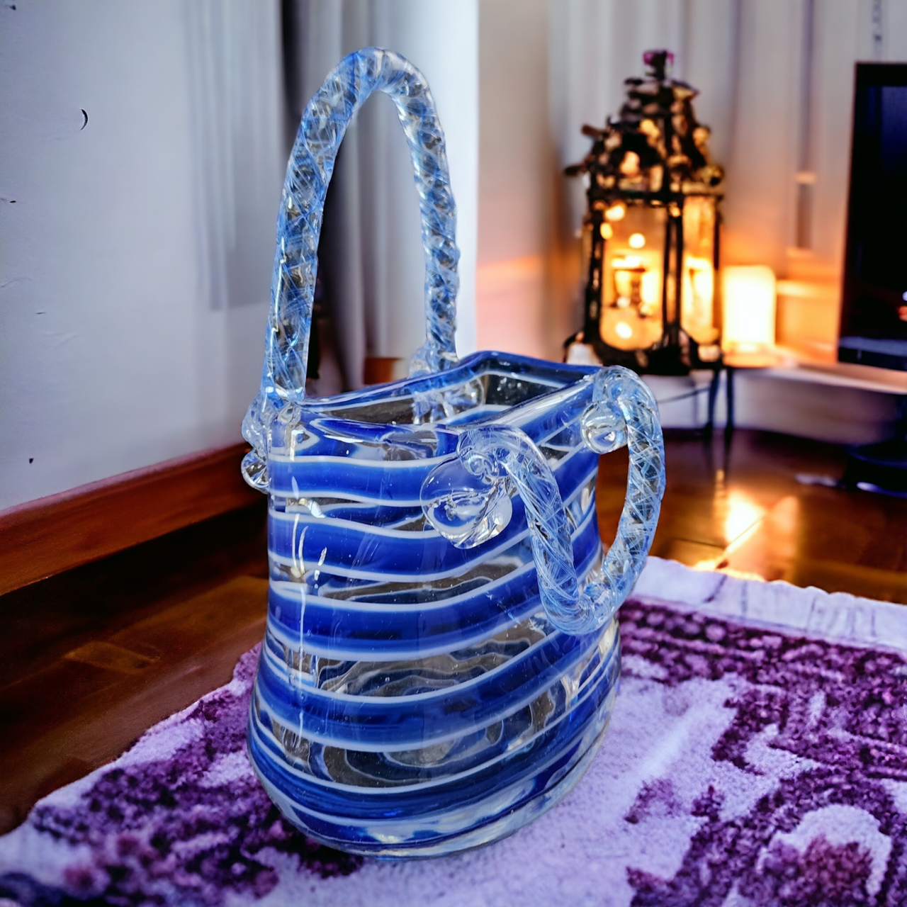 9" Fifth Avenue Crystal LTD Blue & White Glass Handbag High Handmade Art Glass
